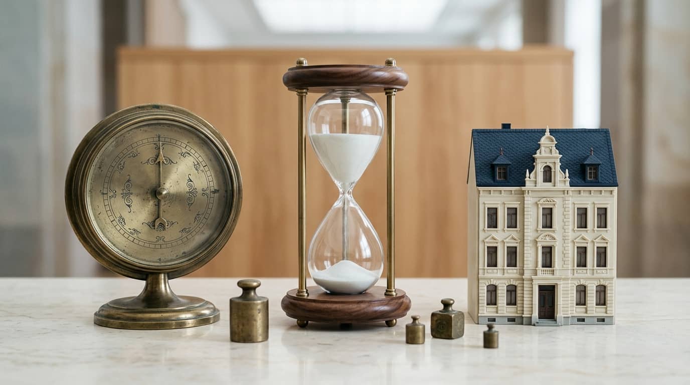 Messingbarometer, Sanduhr und Architekturmodell — Immobilienmarkt-Report Leipzig